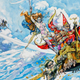 A red-robed wizard rides a flying, tiny-footed treasure chest while chased by Death.